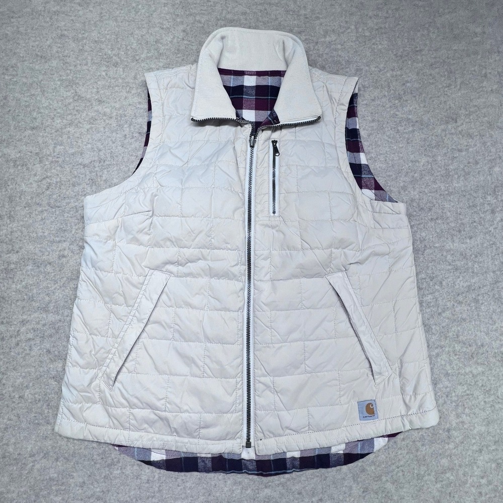 Carhartt Reversible Vest Womens M Cream Plaid Good Quilted Flannel Full Zip